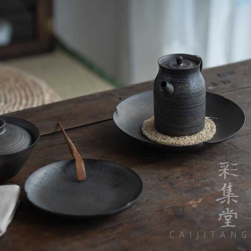 复古花口盘壶承托盘茶点盘茶碗底托茶室果碟干泡盘粗陶盘子日式