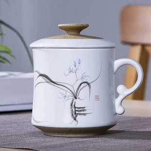 九楼阁景德镇亚光陶瓷手绘茶杯有手柄月牙过滤办公杯带盖