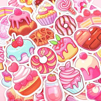 83张粉系食物贴纸涂鸦甜品蛋糕手帐贴糖果点心手机笔记本电脑装饰