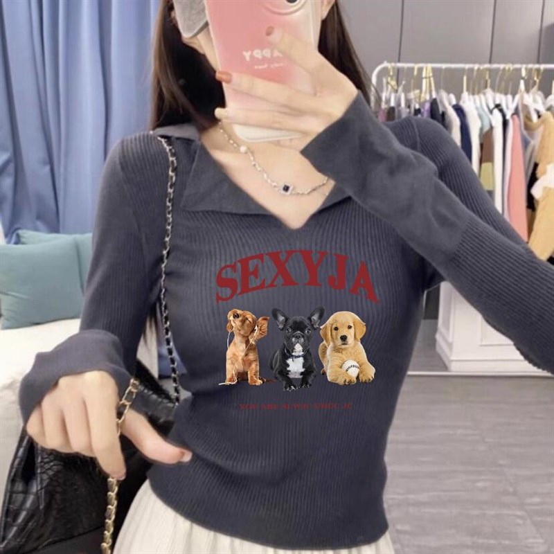美式v领短款长袖上衣女款2024秋冬新款超火燕麦色修身针织打底衫