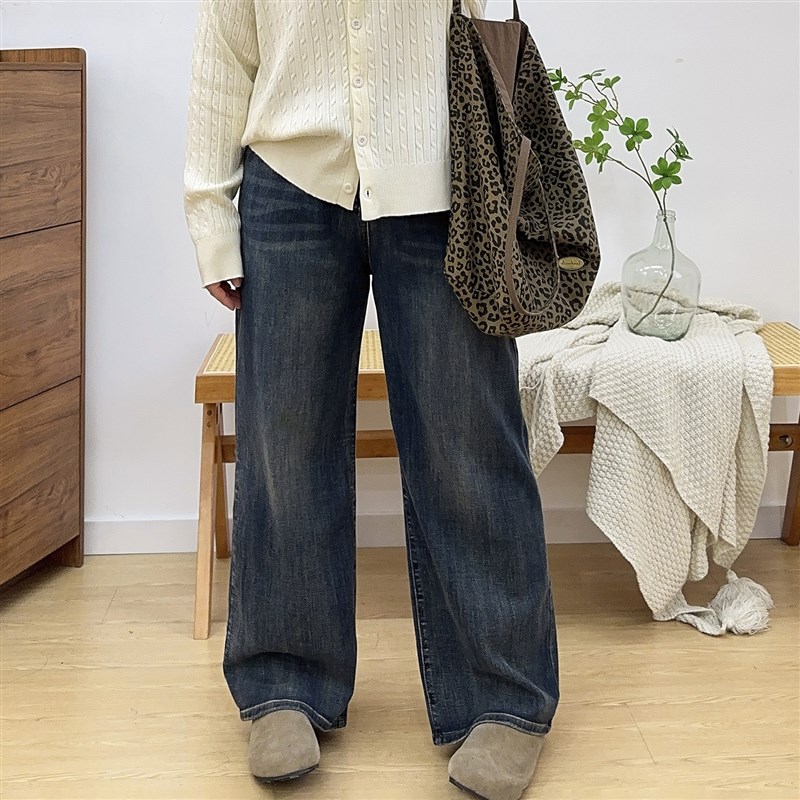 复古蓝高腰阔腿牛仔裤女春秋新款大码梨形身材宽松显瘦拖地直筒裤