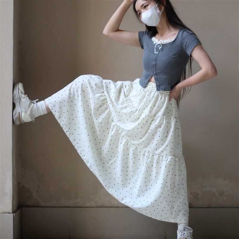 小个子白色波点蛋糕裙春夏秋季半身裙女微胖新款高腰大摆A字长裙