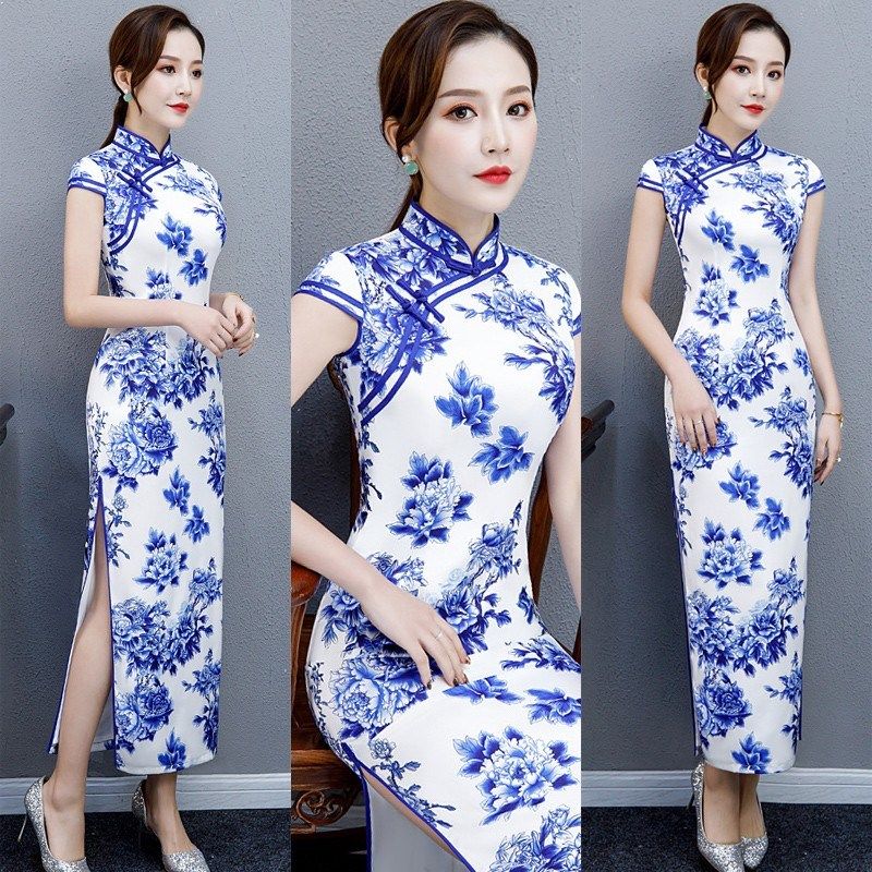 青花瓷旗袍走秀演出服气质年轻连衣裙礼服长款春夏日常大码中国风