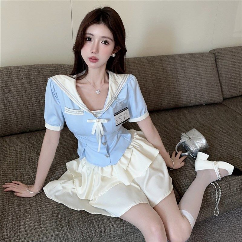 jk制服套装甜美少女学院风收腰显瘦上衣短袖衬衫高腰蛋糕裙两件套