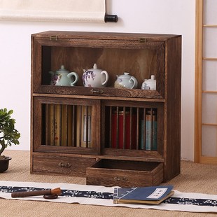 桌面置物架博古架实木茶具展示架防尘透明茶叶收纳柜茶架茶棚摆架