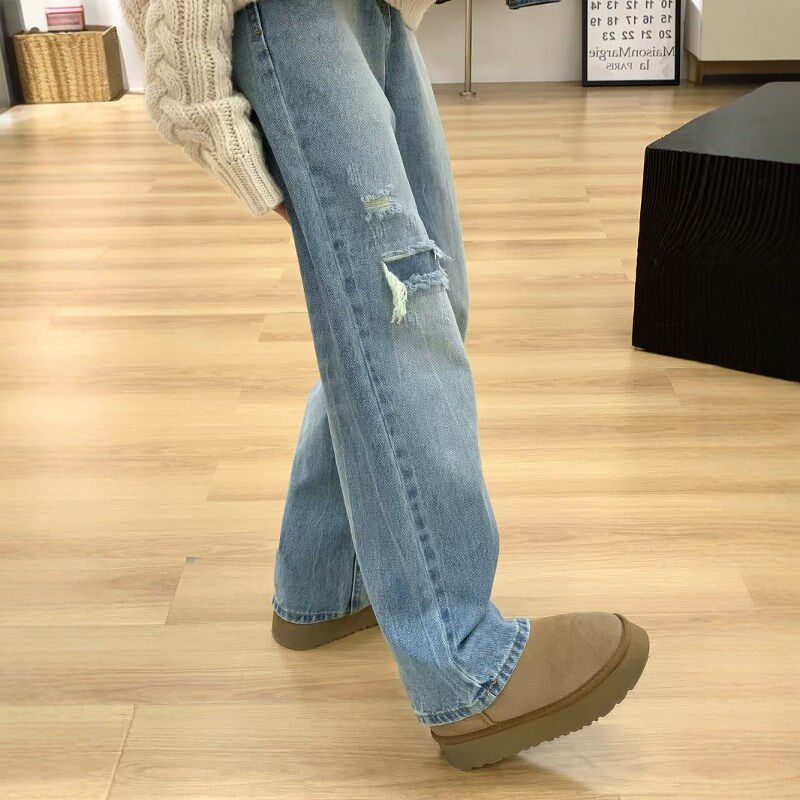 破洞设计感直筒牛仔裤女秋冬2024新款复古高腰宽松显瘦拖地阔腿裤