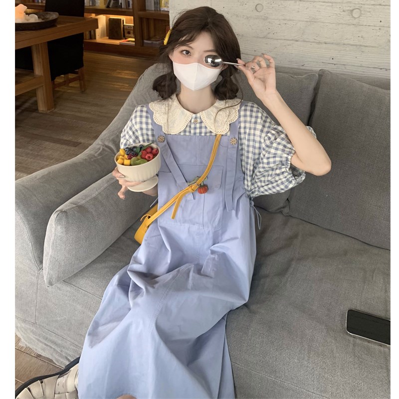 大码女装2024夏季胖mm复古格子娃娃领衬衣+设计感抽绳背带裙套装