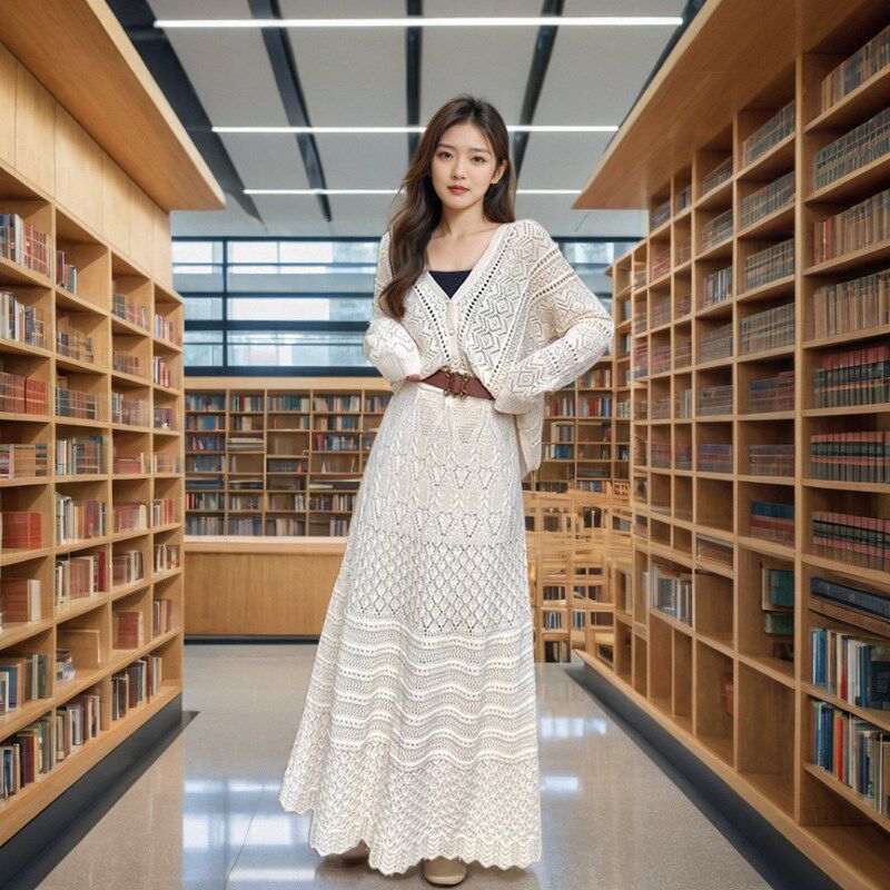 春夏装纯棉镂空针织开衫女半身裙长裙宽松两件套时尚套装裙仙女裙