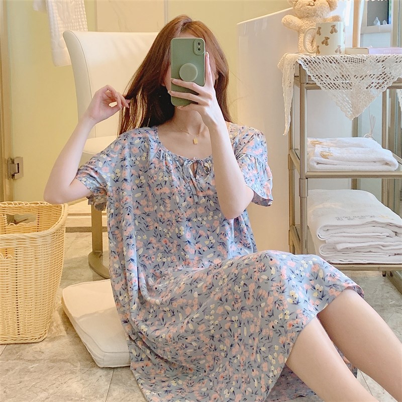 夏季纯棉绸连衣裙家居服睡衣女睡裙可外穿中长款加大码宽松高级感
