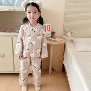 亲子款温馨宅家~A类纯棉儿童睡衣套装春秋洋气翻领男女宝宝家居服