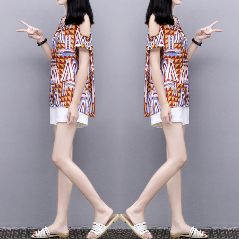 2021夏季新款女装时尚彩色露肩上衣宽松休闲阔腿短裤显瘦两件套装