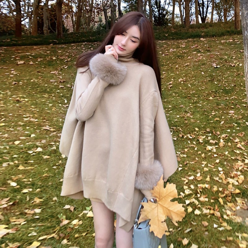 富家千金高领套头毛衣罩衫针织衫加厚宽松外套上衣披肩斗篷女春装