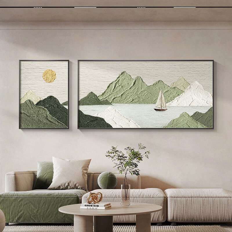 两联横版风景手绘油画绿色山水客厅装饰画简约抽象沙发背景墙挂画