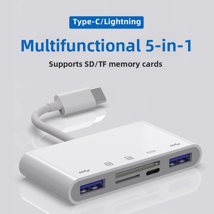 适用手机5合1多功能手机读卡器type-c手机双USB内存卡TF卡SD