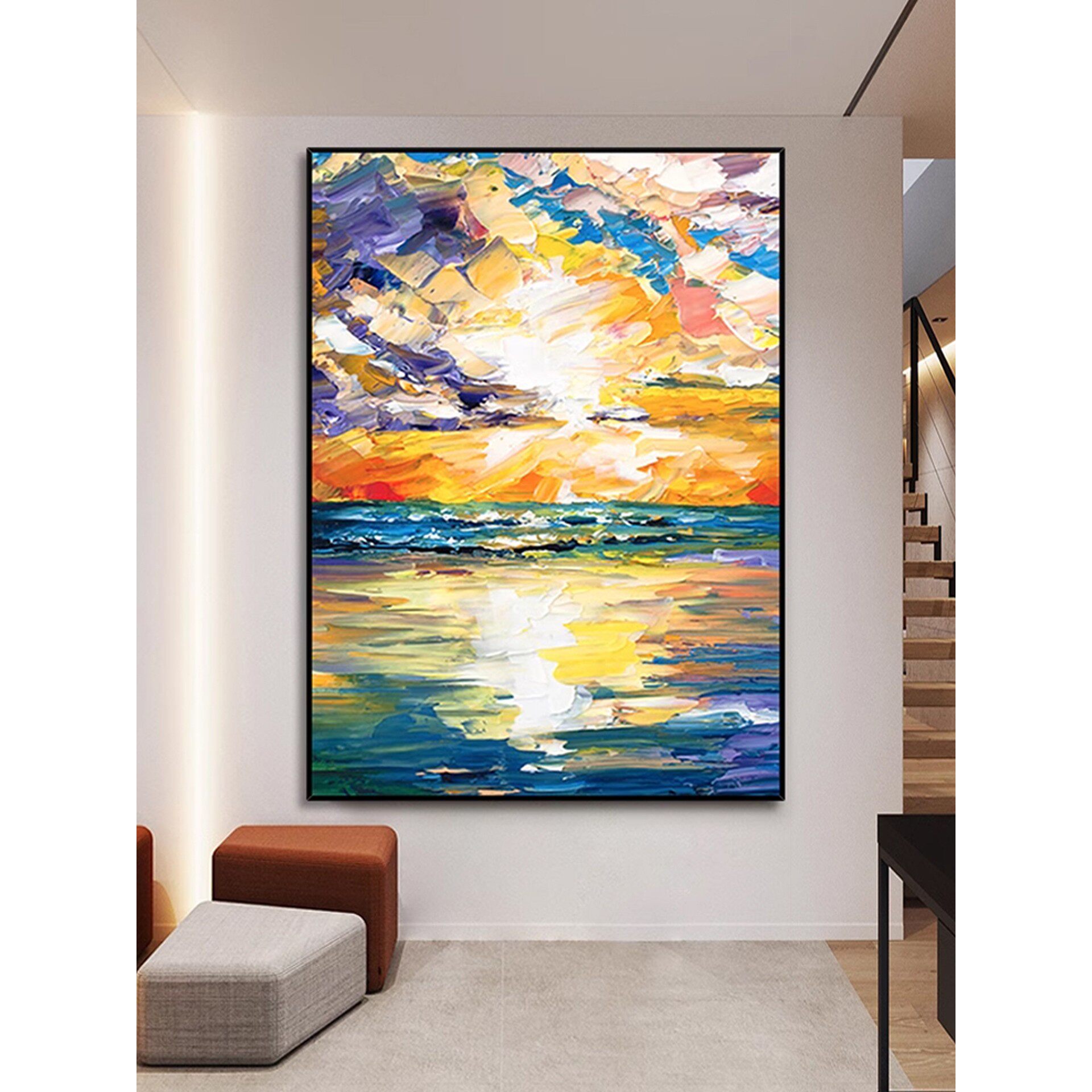 纯手绘油画现代简约风景大海日出挂画立体抽象刀画玄关走廊装饰画