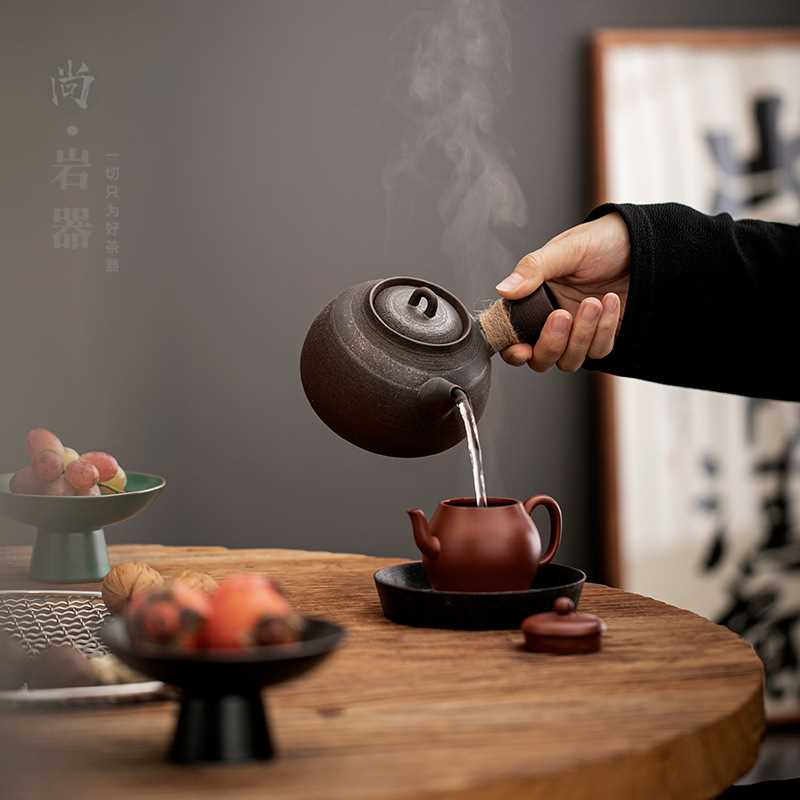 复古粗陶侧把壶陶瓷茶壶煮茶器家用户外炭火明火加热围炉煮茶套装