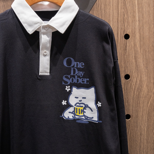 衬衫 美式 卫衣 Polo领宽松T恤 OneDaySober戒酒插画印花纯棉长袖