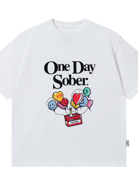 OneDaySober嘉年华系列气球彩色手绘印花丝光棉T恤宽松短袖男女