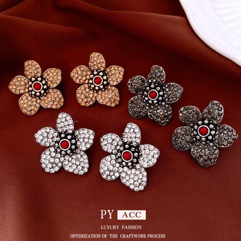 耳饰高级感银针百搭镶钻耳环花朵vintage复古女中古精致耳环设计