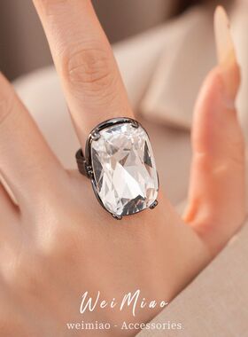 宽面长方形条纹镶钻欧美风高级感女小众戒指开口手饰个性夸张指环