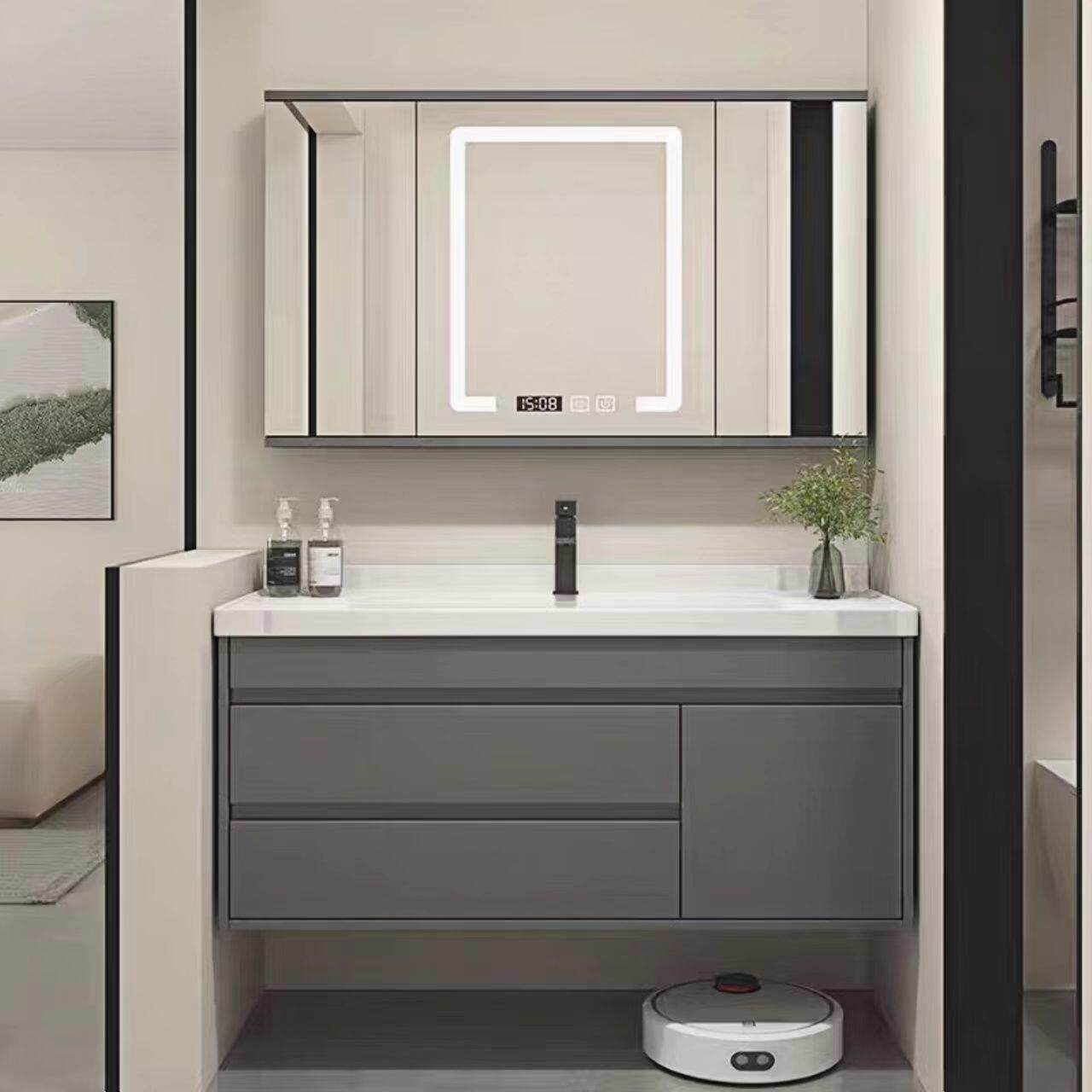 风水镜折叠镜子浴室柜组合洗漱台洗脸盆岩板无缝陶瓷一体盆化妆室