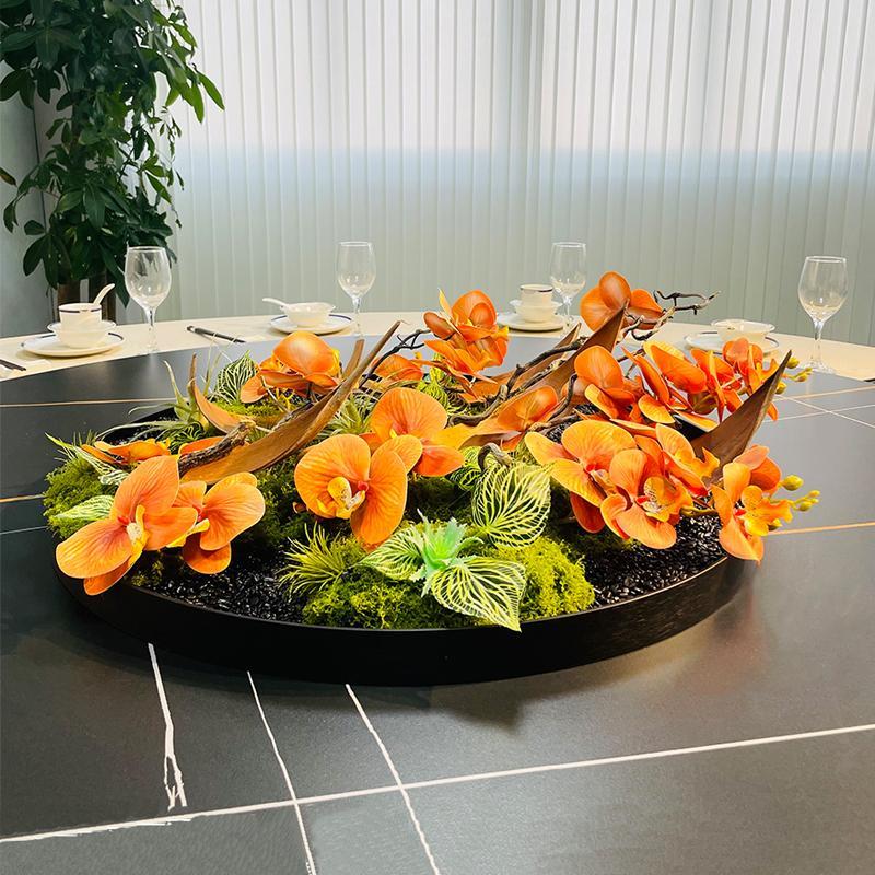 酒店圆桌转盘摆件餐桌中间摆花花艺圆形微缩景观新中式创意桌花