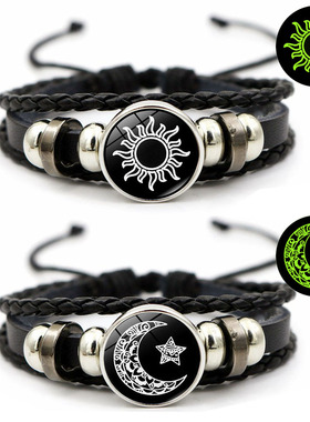 夜光日月恋人按扣皮革手链男女通用复古手工多层串珠编织手链手饰