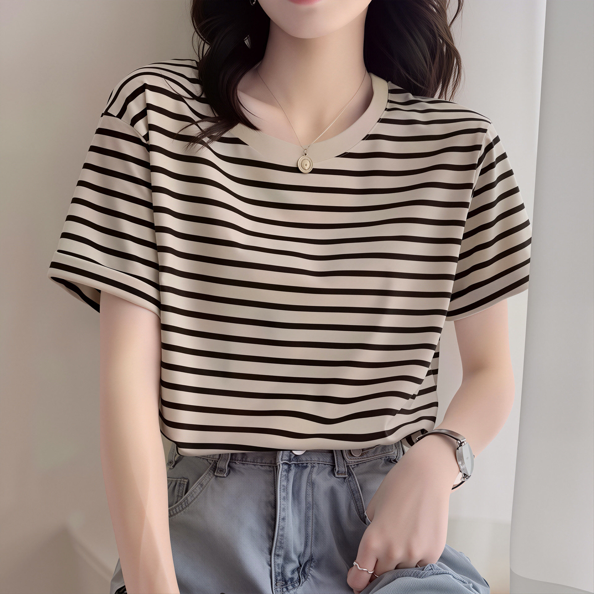 2025新款正肩条纹精梳棉短袖t恤女时尚洋气宽松上衣打底衫夏季