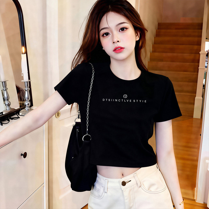 纯棉欧货黑色短款t恤女短袖2025夏新款高腰显瘦字母正肩宽松上衣