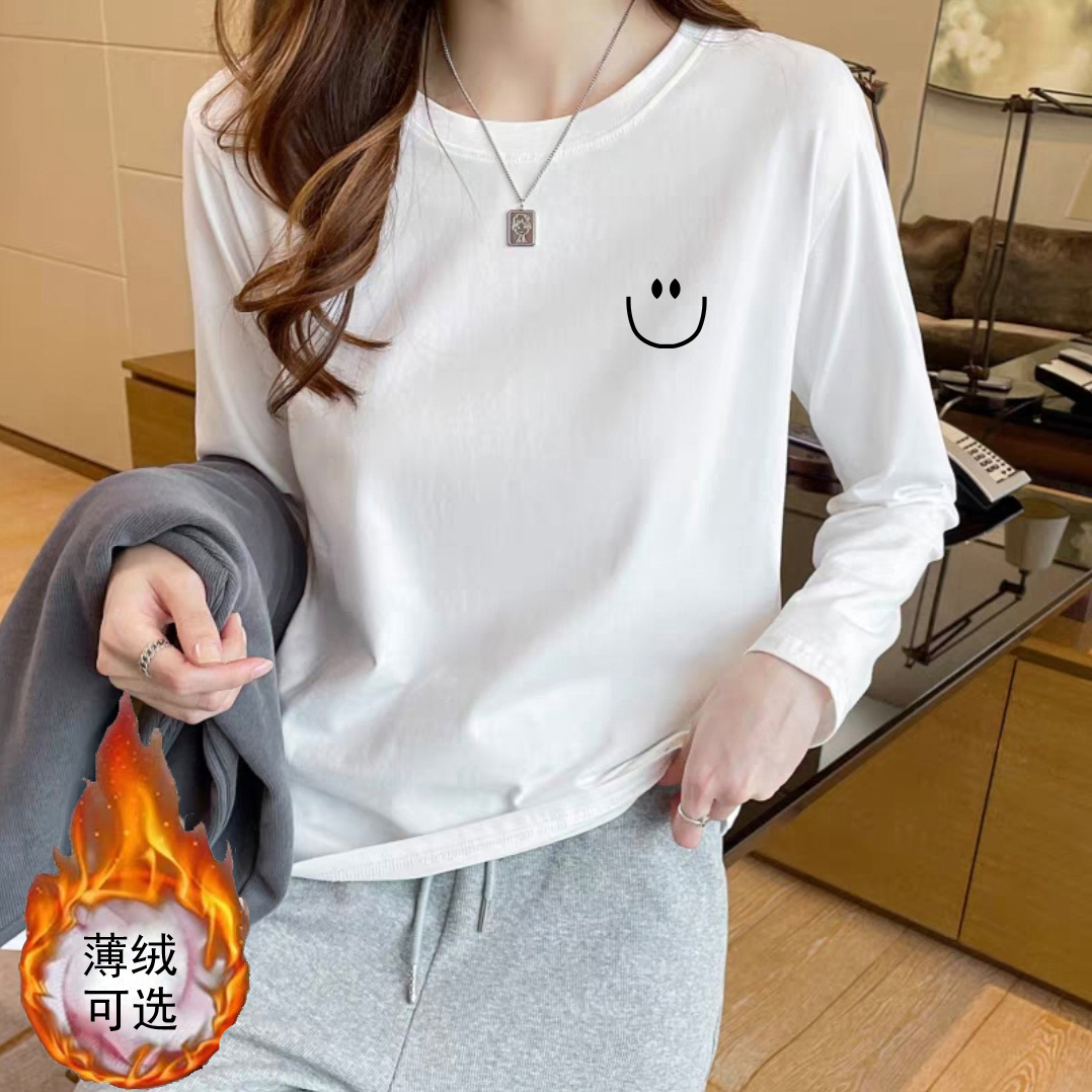 厚款螺纹纯棉长袖t恤圆领白色新款2025秋冬打底衫女内搭磨毛德绒