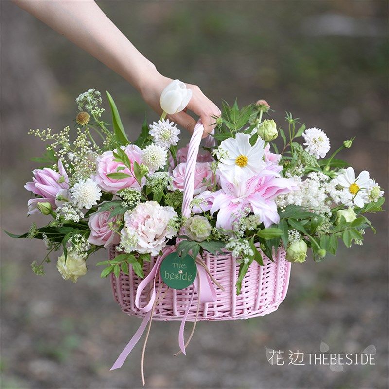 甜美柳编椭圆手提花篮鲜花插花装饰粉色花篮花店鲜花包装材料特惠,鲜花速递/花卉仿真/绿植园艺,花篮,淘宝优惠券,粉丝福利购,淘宝优惠卷