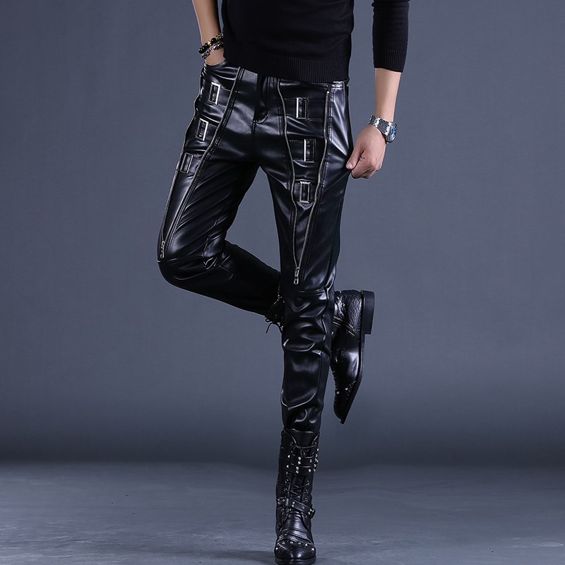 欧美皮裤男秋冬男士舞台演出裤子冬季摩托车骑行外卖骑手防风靴裤