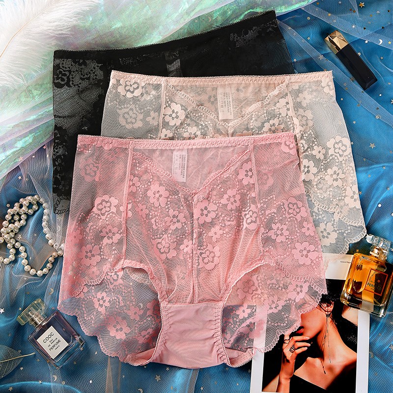 大码蕾丝内裤女性感高腰无痕网纱纯棉裆200斤胖mm超薄黑色三角裤