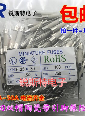 6x30MM陶瓷保险丝管 250V带引线脚 8A/10A/15A/20A/25A/30A 100个
