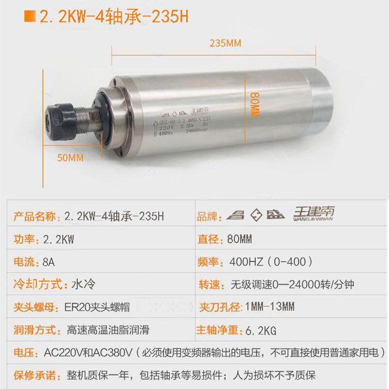 高速主轴电机 昌盛+CS 800W 1.5KW 2.2KW 3.0KW 5.5KW玉雕机主轴
