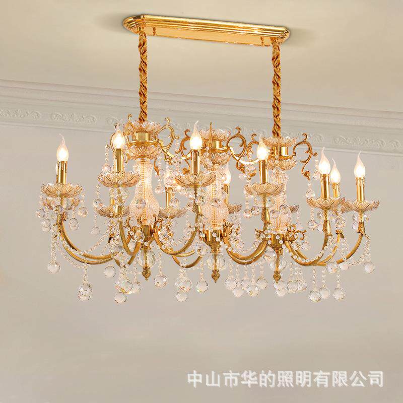 法式餐厅吊灯欧式奢华大气长形水晶灯复式楼别墅全铜创意宫廷灯具