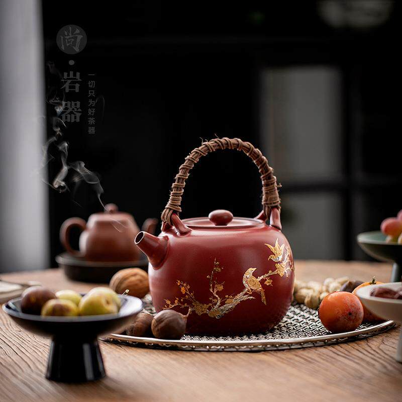 复古粗陶煮茶壶陶瓷茶壶围炉煮茶家用室内罐罐茶煮茶器红色茶壶