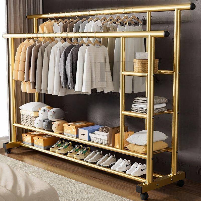 特厚挂衣架家用落地式卧室晾衣架出租屋阳台加厚加粗挂衣架子双杆