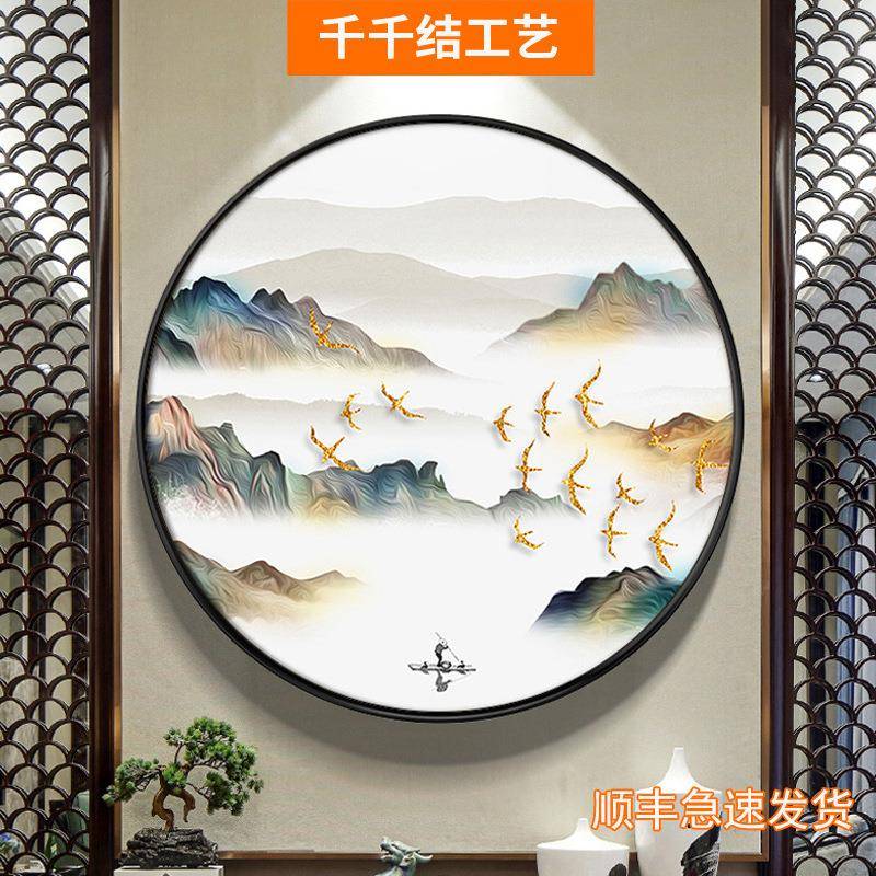 玄关装饰画新中式入户过道走廊客厅山水圆形挂画现代简约风水壁画图片