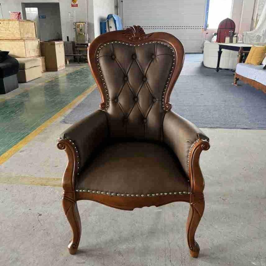 法式复古实木单人沙发椅家用书房椅子美式休闲老虎椅真皮扶手椅