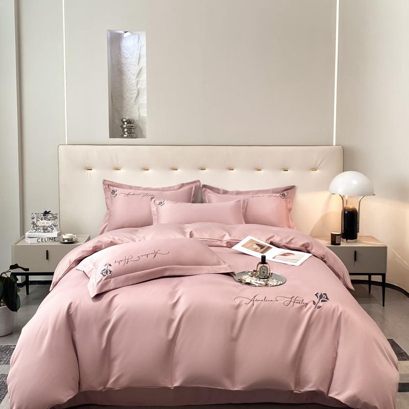 2023新品奢华天丝刺绣四件套纯色绣花被套亲肤床品直销