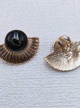 黑色宝石耳环欧美复古轻奢高级感耳钉扇形时尚气质耳饰耳夹B592