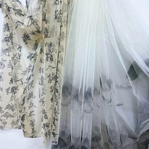 新中式水墨印染纱幔垂感顺滑山水图案渐变网纱古风装饰隔断白纱