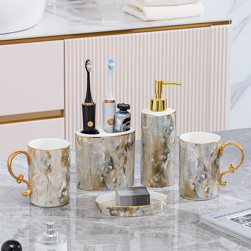 轻奢陶瓷洗漱杯套装高级欧式浴室用品套件刷牙杯漱口杯带托盘家用