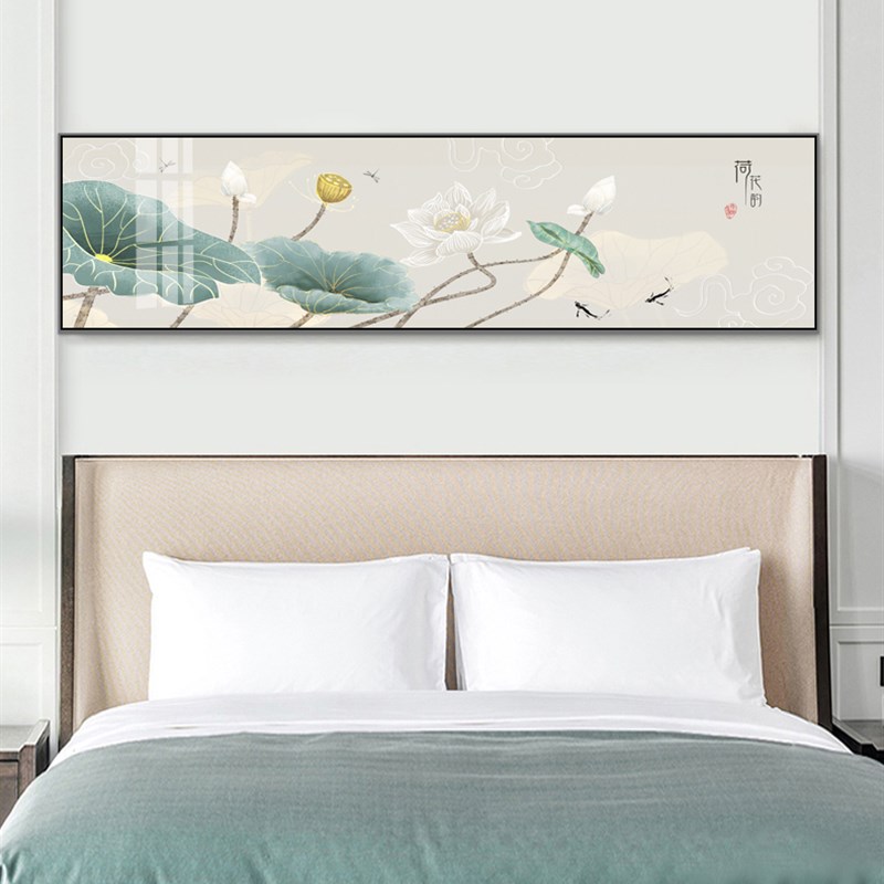 卧室床头新中式装饰画客厅沙发背景墙荷花禅意壁画晶瓷铝合金挂画图片