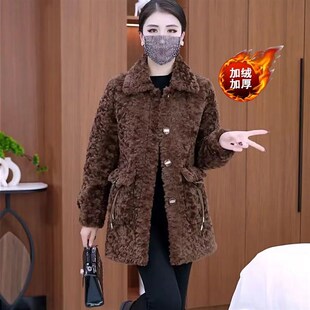 时尚 冬季 颗粒绒外套40岁50加绒厚毛毛羊羔绒保暖棉衣 妈妈装 中长版
