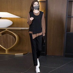 大码女装新中式盘扣设计时尚休闲套装女春秋款上衣马甲裤子三件套