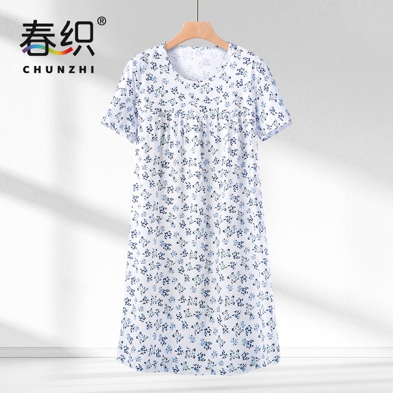 春织妈妈睡裙女纯棉夏季圆领中老年睡衣短袖家居服老人连衣裙薄款