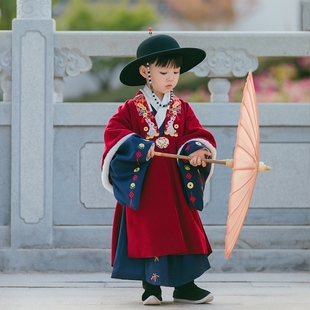 男童汉服加绒加厚冬季中国风男孩男宝宝儿童明制搭护汉服过年道袍