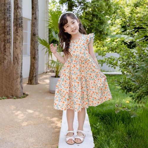 女童夏季碎花棉布连衣裙儿童中大童飞肩袖无袖纯棉时尚公主蛋糕裙